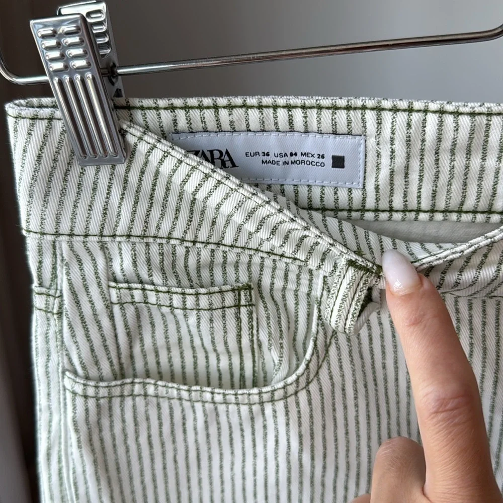 ZARA High-Rise White & Green Striped Pants, Size EUR 36 / US 4 - Picture 4 of 9
